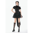 Darkinlove Women's Gothic Lace-up Puff Short Sleeved Shirt with Detachable Bow Tie