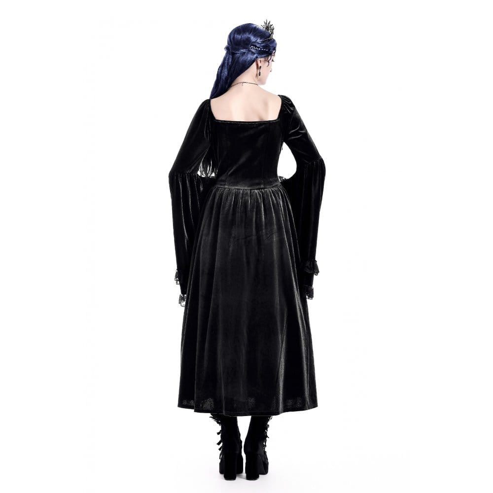 Darkinlove Women's Gothic Lace-up Ruffle Flare Sleeve Maxi Dress Black