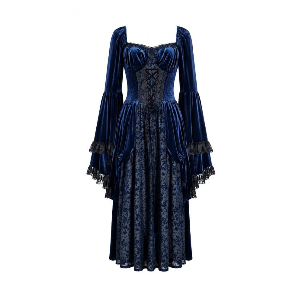 Darkinlove Women's Gothic Lace-up Ruffle Flare Sleeve Maxi Dress Blue