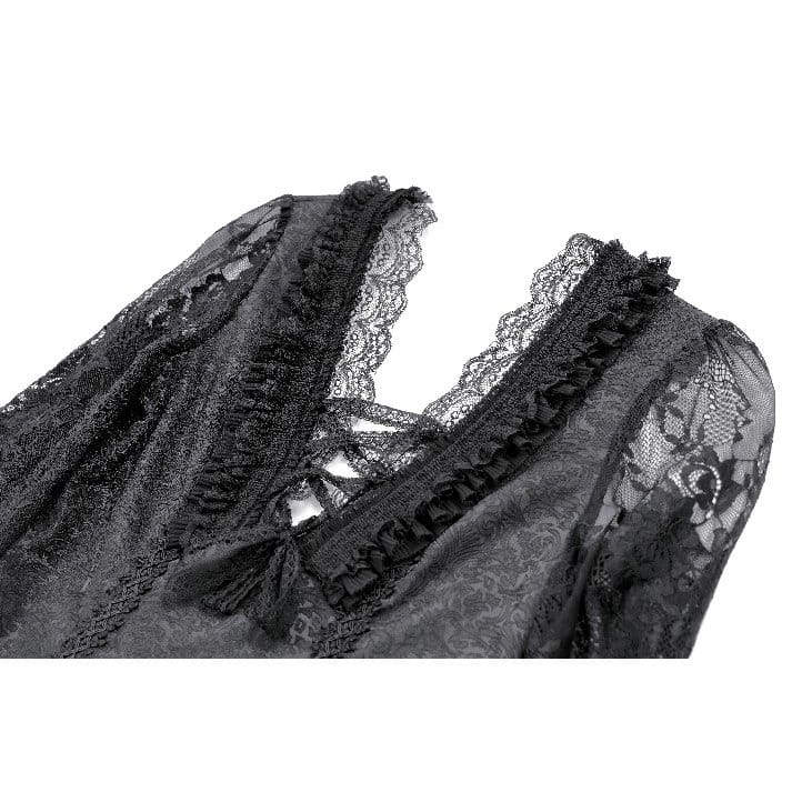 Darkinlove Women's Gothic Lace-up Ruffle Floral Lace Bishop Sleeve Top