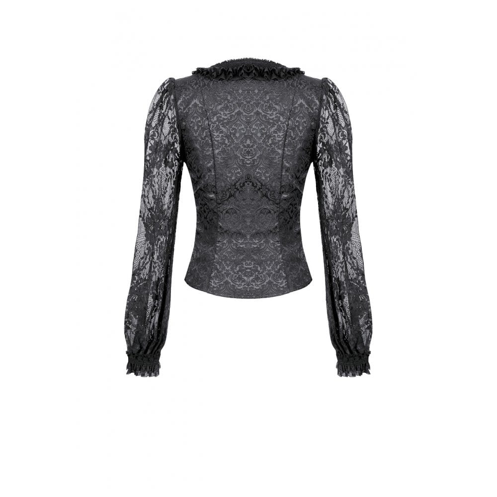 Darkinlove Women's Gothic Lace-up Ruffle Floral Lace Bishop Sleeve Top