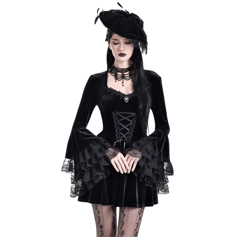 Darkinlove Women's Gothic Lace-up Square-cut Collar Flare Sleeve Dress