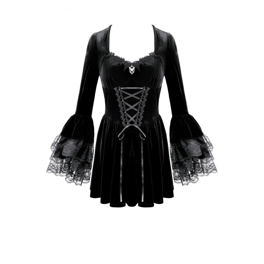 Darkinlove Women's Gothic Lace-up Square-cut Collar Flare Sleeve Dress