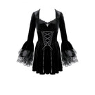 Darkinlove Women's Gothic Lace-up Square-cut Collar Flare Sleeve Dress