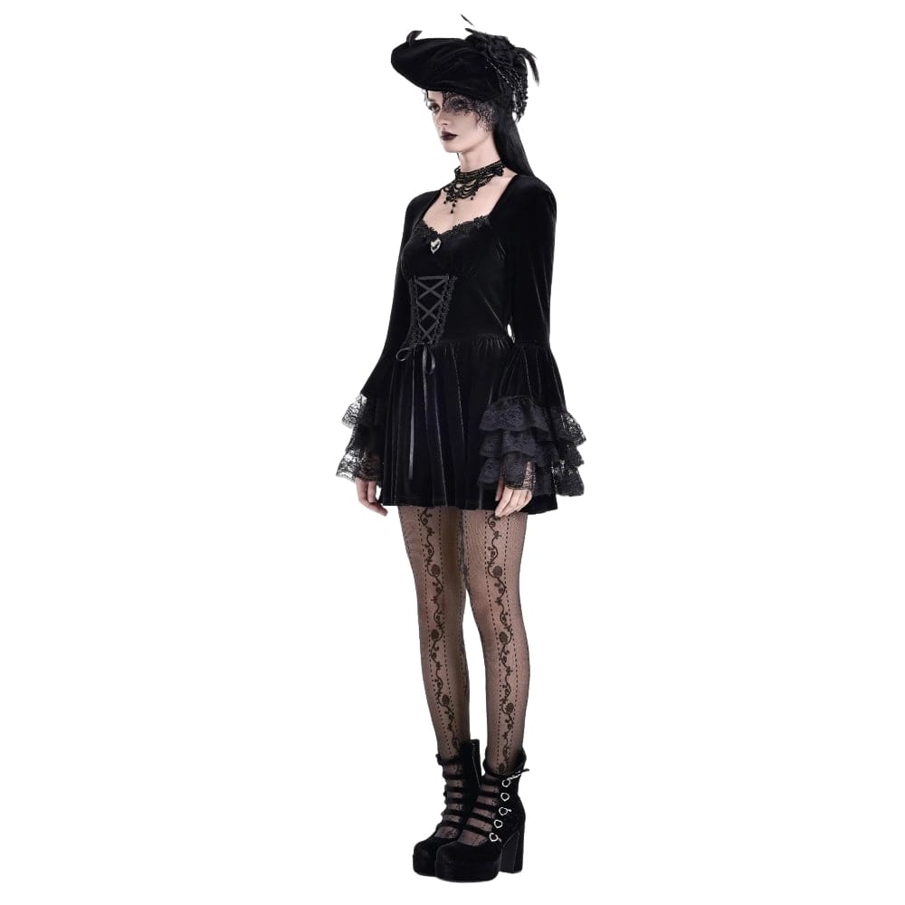 Darkinlove Women's Gothic Lace-up Square-cut Collar Flare Sleeve Dress
