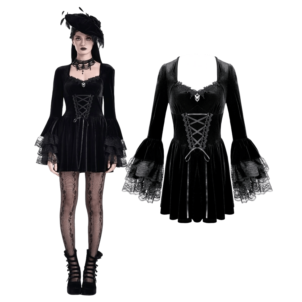 Darkinlove Women's Gothic Lace-up Square-cut Collar Flare Sleeve Dress
