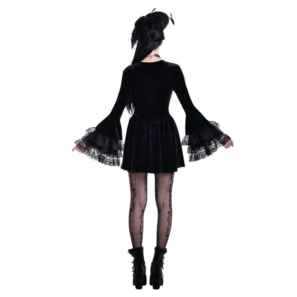 Darkinlove Women's Gothic Lace-up Square-cut Collar Flare Sleeve Dress