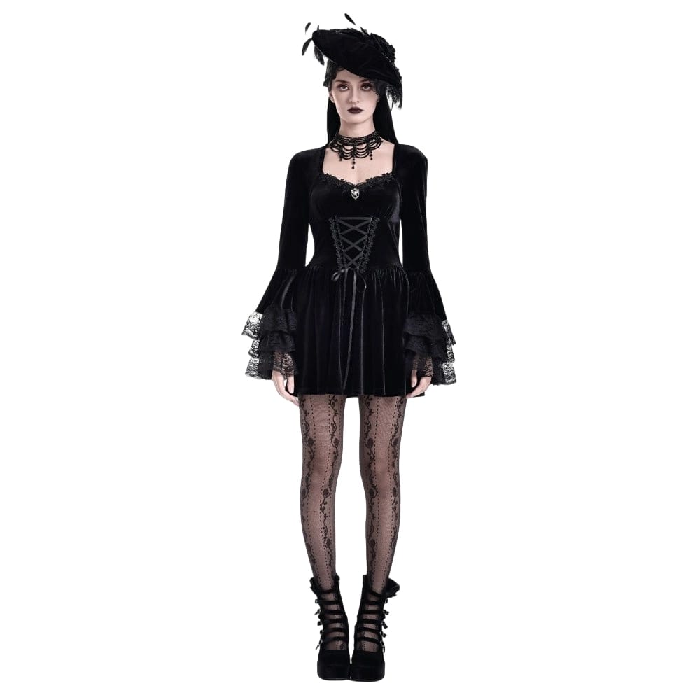 Darkinlove Women's Gothic Lace-up Square-cut Collar Flare Sleeve Dress