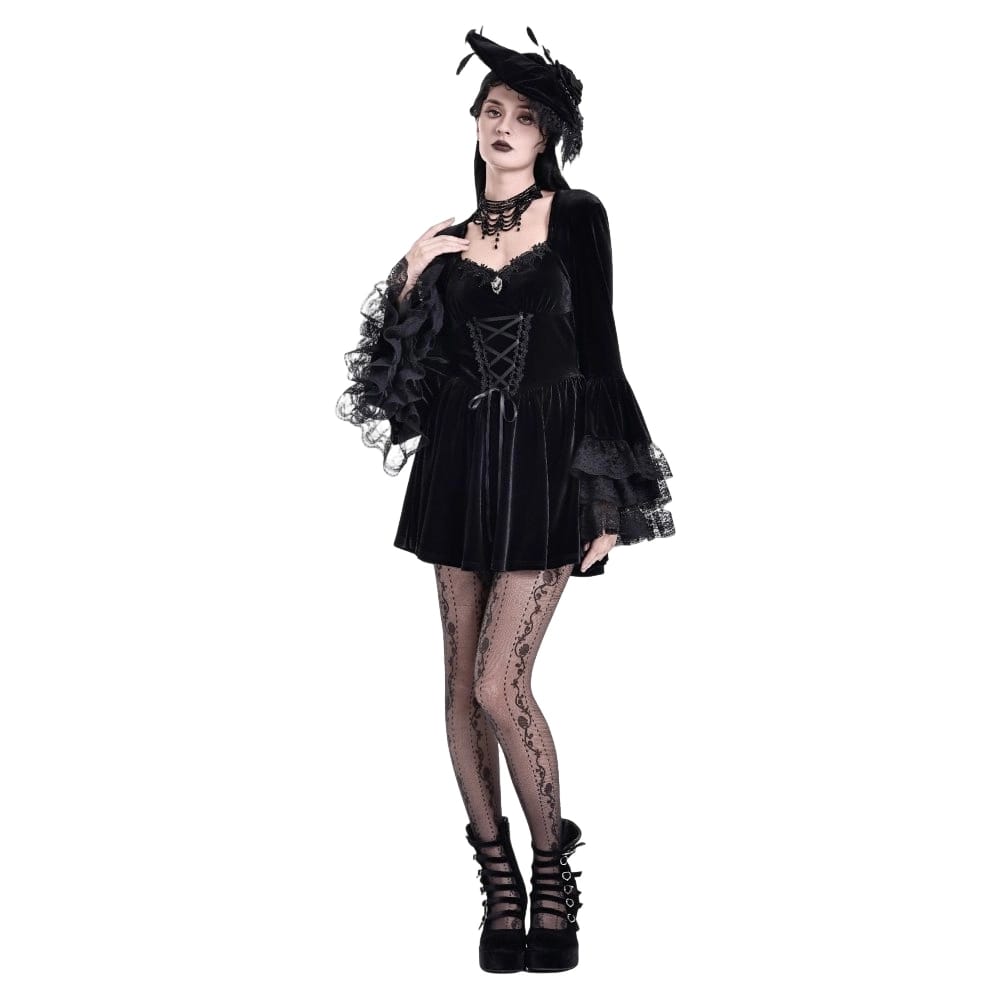 Darkinlove Women's Gothic Lace-up Square-cut Collar Flare Sleeve Dress