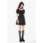 Darkinlove Women's Gothic Lace-up Square-cut Collar Puff Short Sleeved Dress