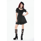Darkinlove Women's Gothic Lace-up Square-cut Collar Puff Short Sleeved Dress