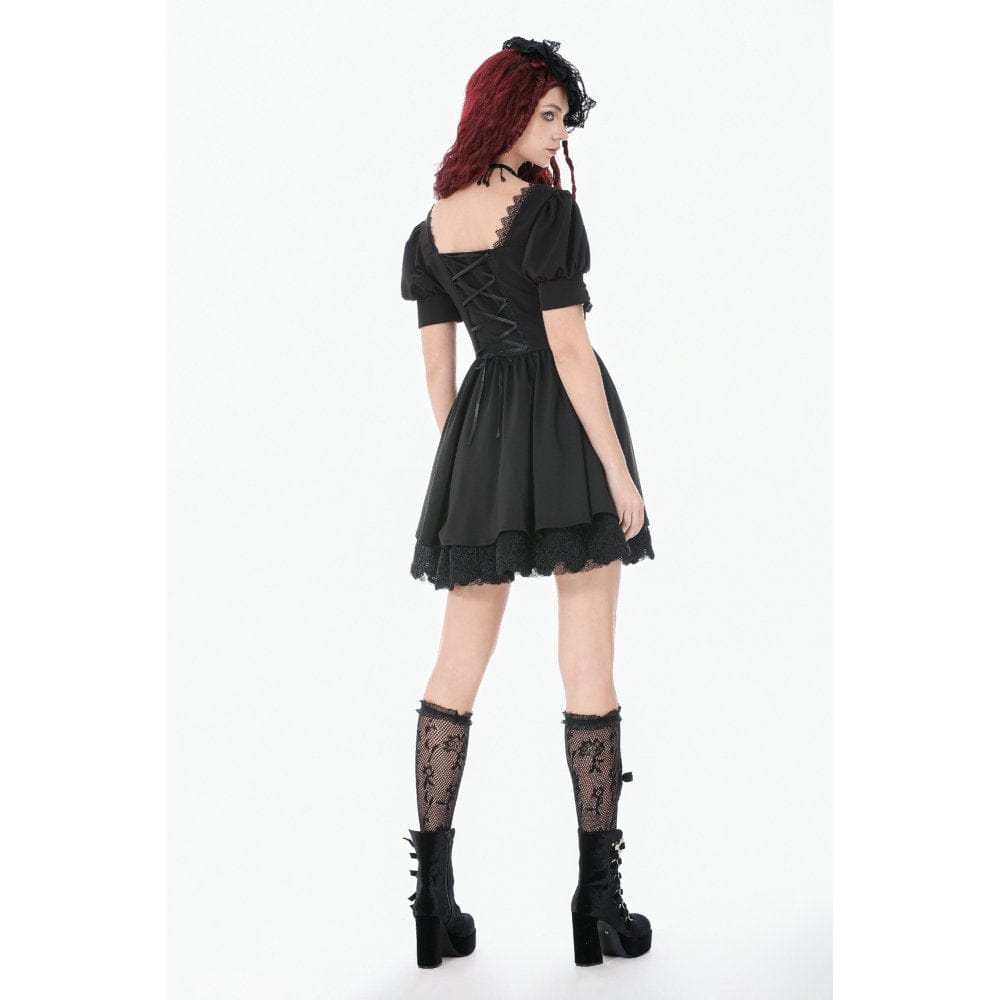 Darkinlove Women's Gothic Lace-up Square-cut Collar Puff Short Sleeved Dress