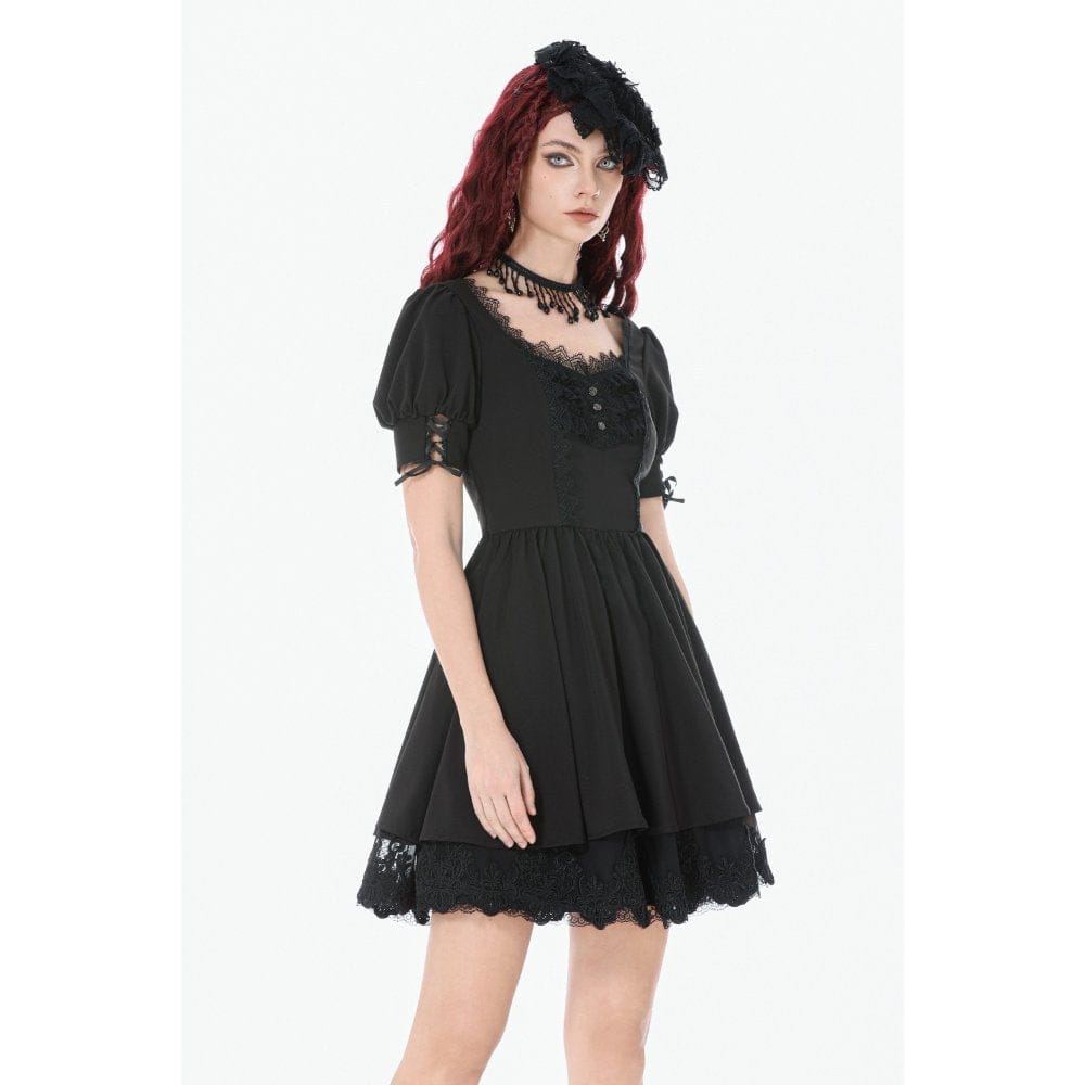 Darkinlove Women's Gothic Lace-up Square-cut Collar Puff Short Sleeved Dress