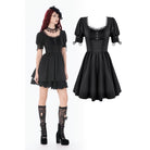 Darkinlove Women's Gothic Lace-up Square-cut Collar Puff Short Sleeved Dress