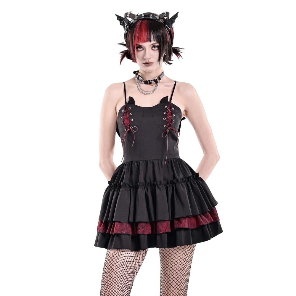 Darkinlove Women's Gothic Lace-up Two-tone Layered Ruffle Hem Slip Dress