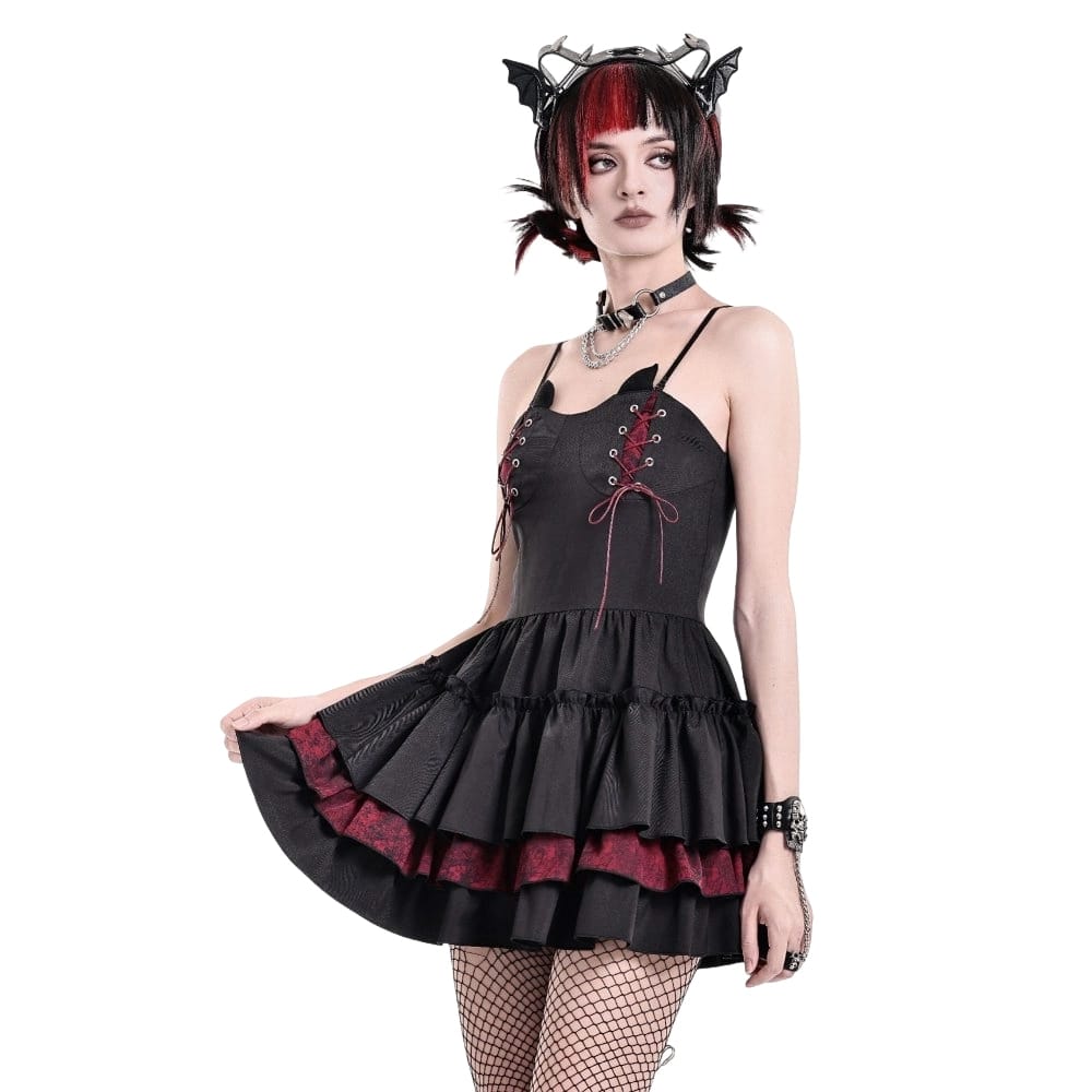 Darkinlove Women's Gothic Lace-up Two-tone Layered Ruffle Hem Slip Dress