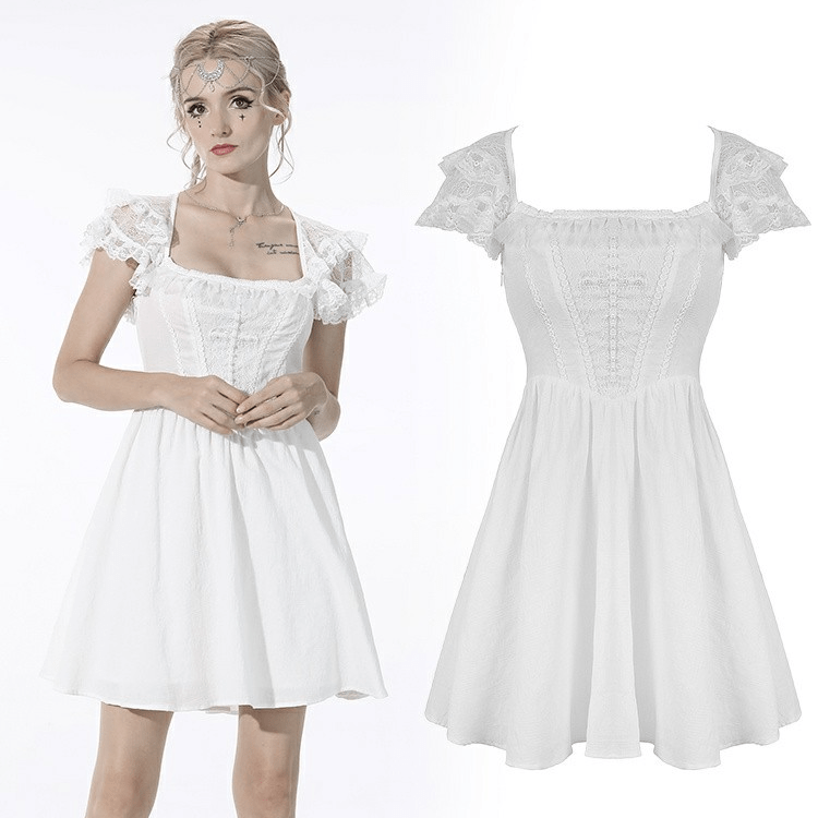 Darkinlove Women's Gothic Layered Collar Strappy White Dress