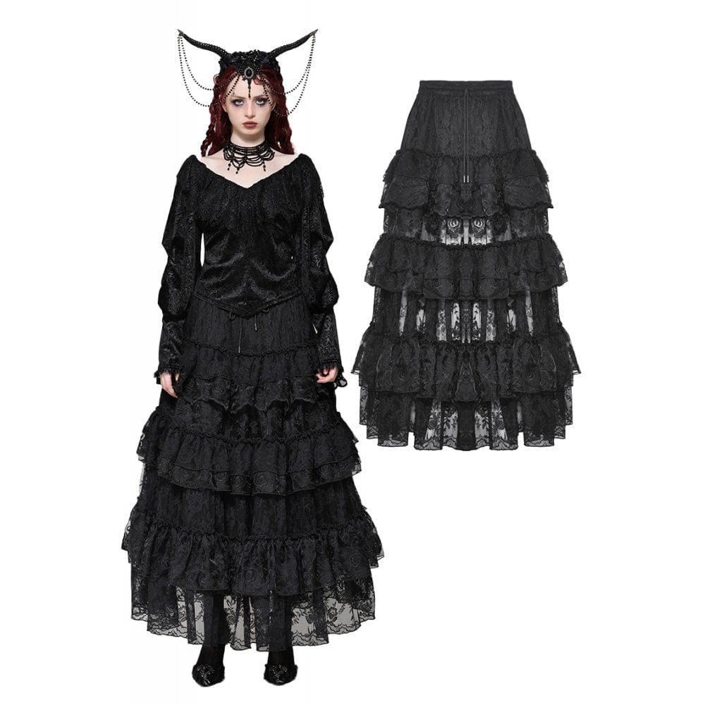 Darkinlove Women's Gothic Layered Lace Long Skirt