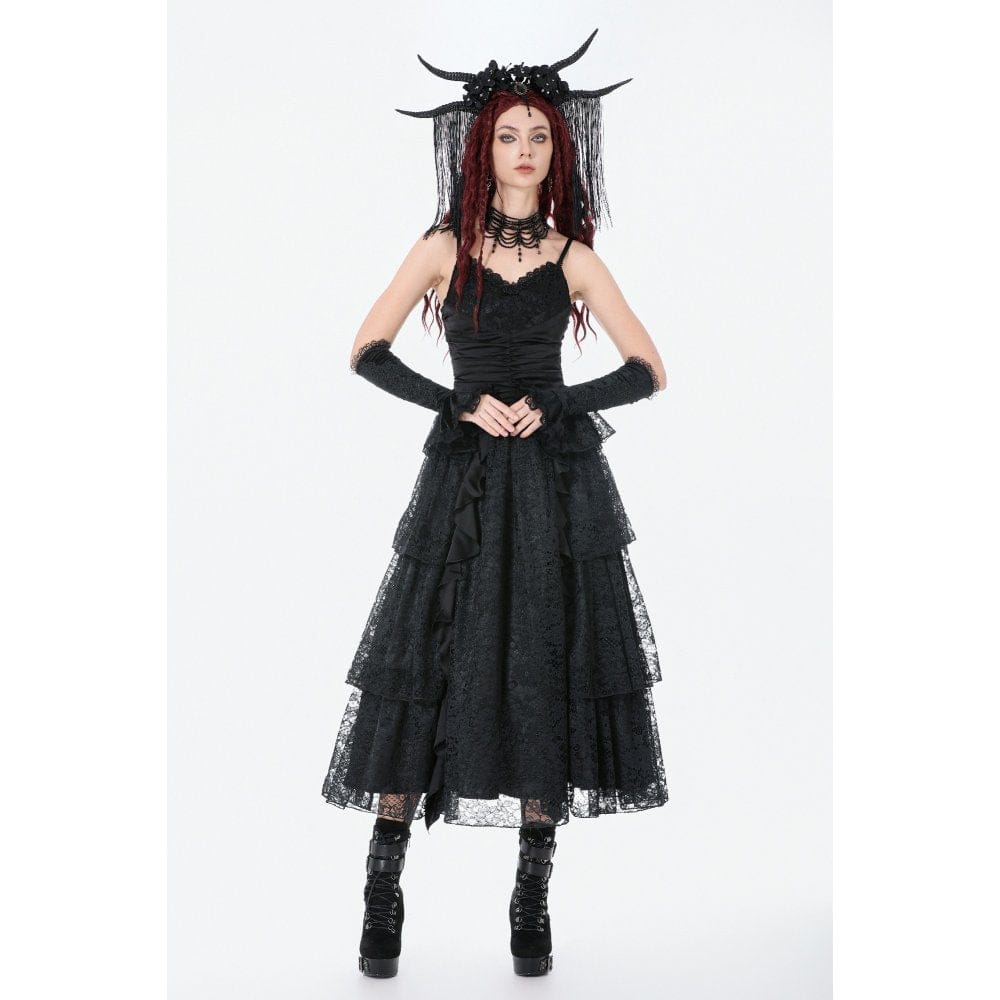 Darkinlove Women's Gothic Layered Lace Ruched Maxi Dress