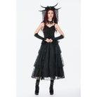 Darkinlove Women's Gothic Layered Lace Ruched Maxi Dress