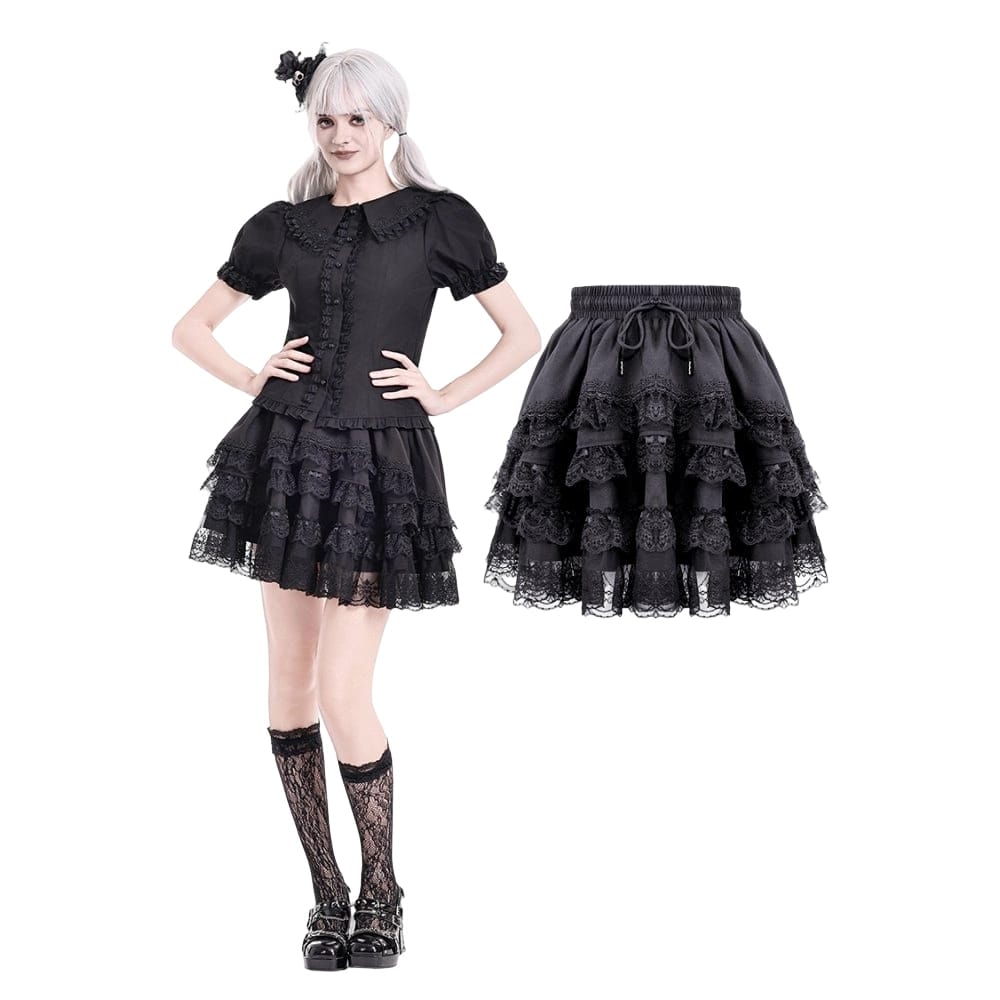Darkinlove Women's Gothic Layered Lace Trim Ruffle Mini Skirt