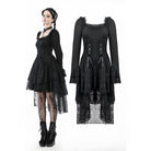 Darkinlove Women's Gothic Layered Lace-up Square-cut Collar Dress