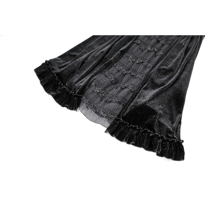 Darkinlove Women's Gothic Layered Pleated Mesh Splice Velvet A-Line Maxi Skirt