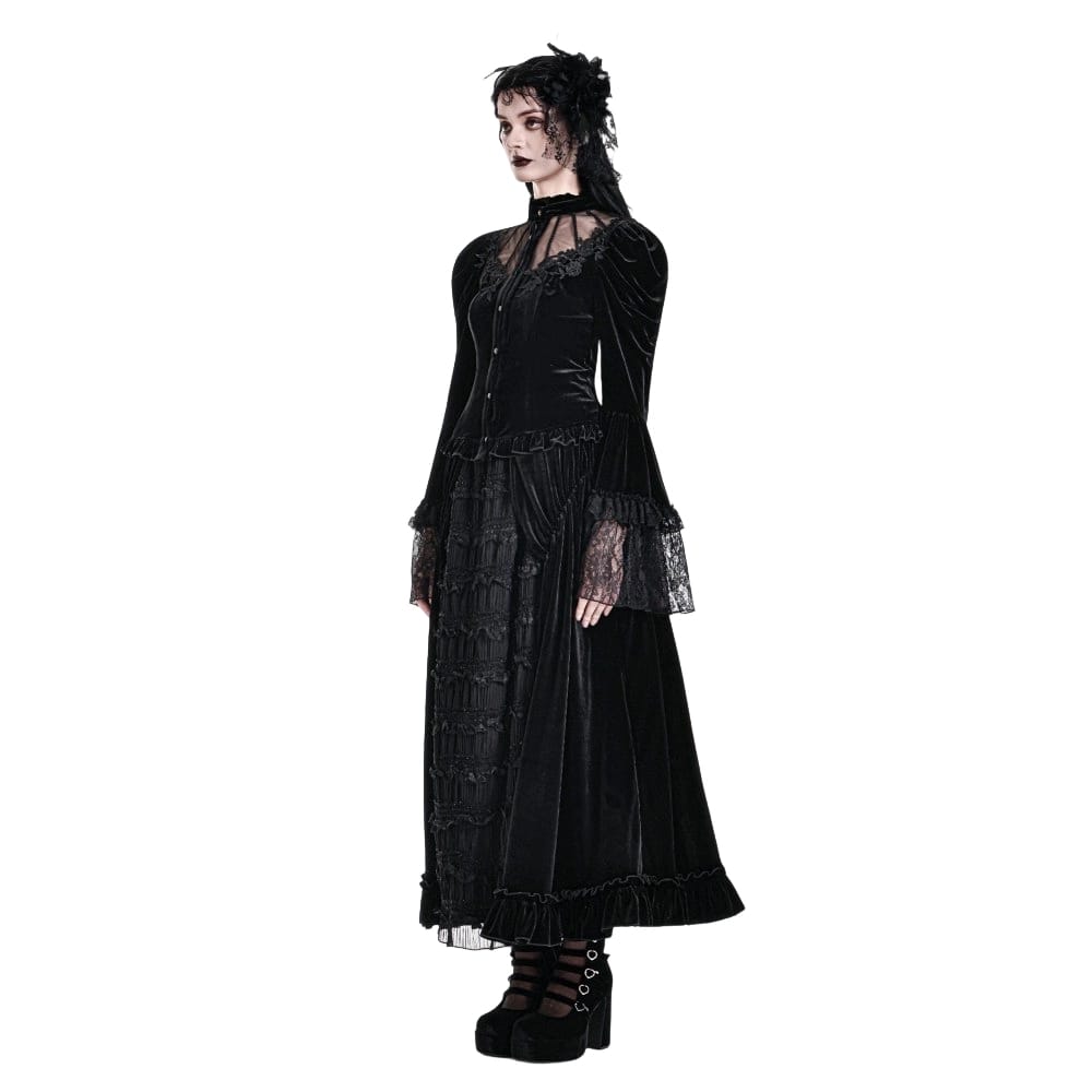 Darkinlove Women's Gothic Layered Pleated Mesh Splice Velvet A-Line Maxi Skirt