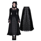 Darkinlove Women's Gothic Layered Pleated Mesh Splice Velvet A-Line Maxi Skirt