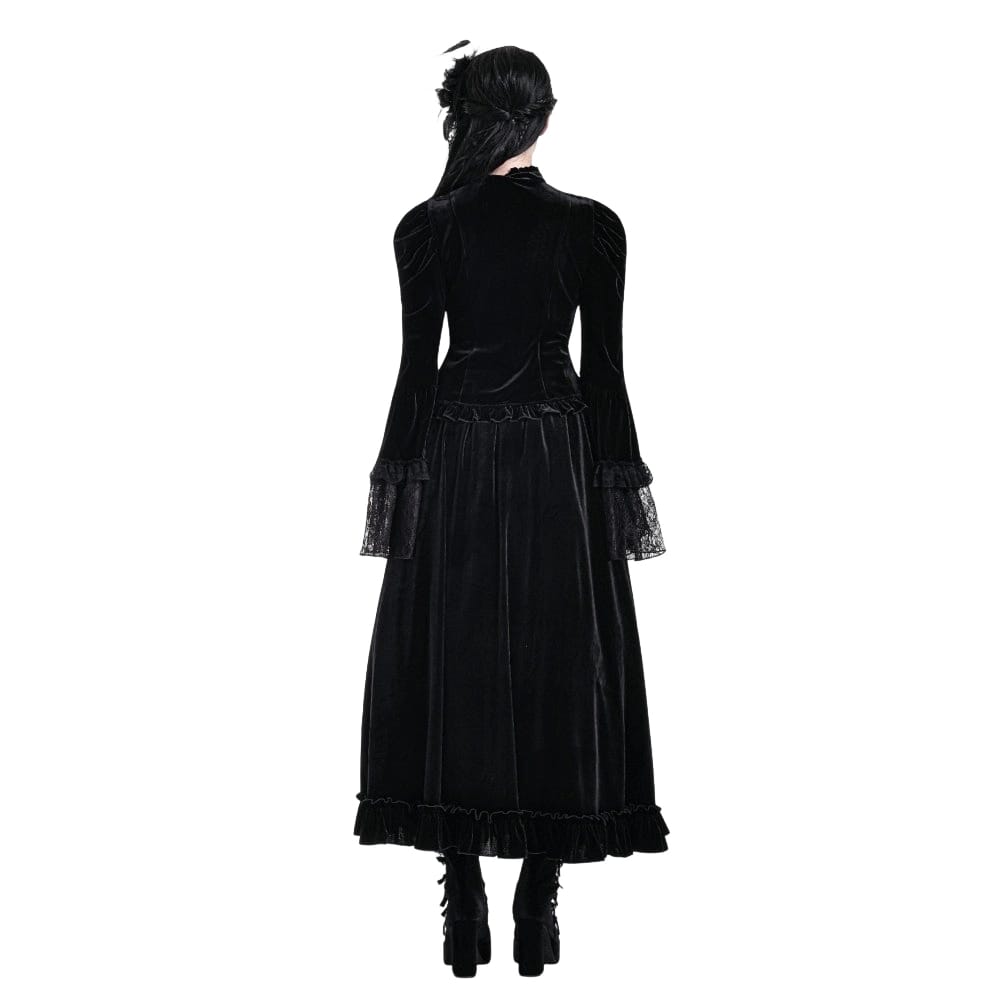 Darkinlove Women's Gothic Layered Pleated Mesh Splice Velvet A-Line Maxi Skirt