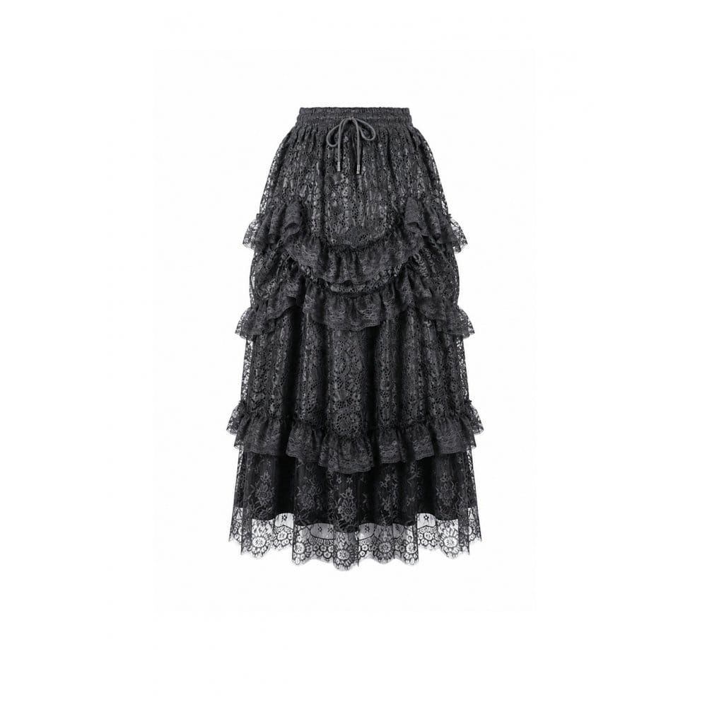 Darkinlove Women's Gothic Layered Ruffle Floral Lace Maxi Skirt