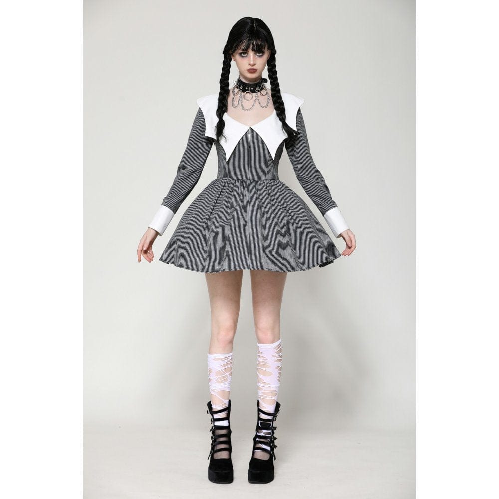 Darkinlove Women's Gothic Lolita Bat Striped Short Dress Gray White