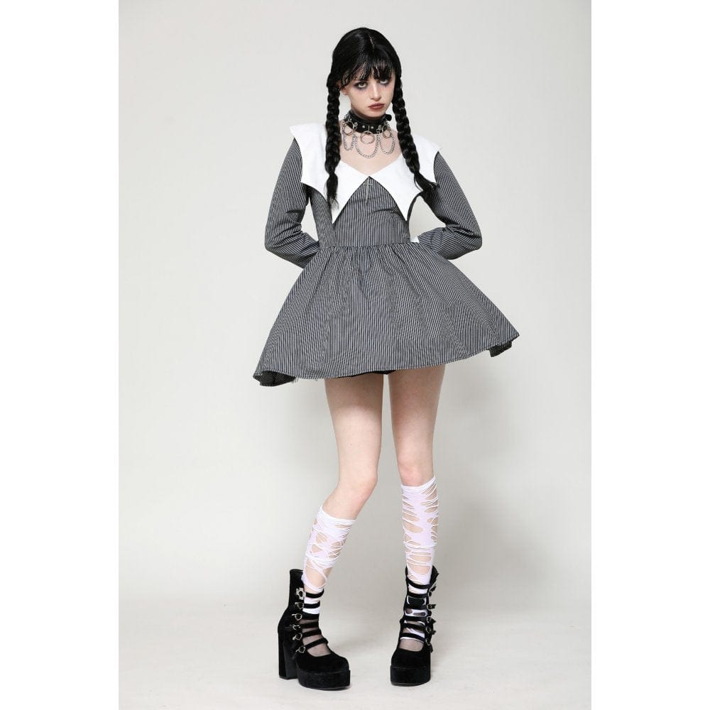 Darkinlove Women's Gothic Lolita Bat Striped Short Dress Gray White