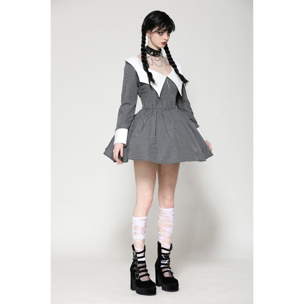 Darkinlove Women's Gothic Lolita Bat Striped Short Dress Gray White