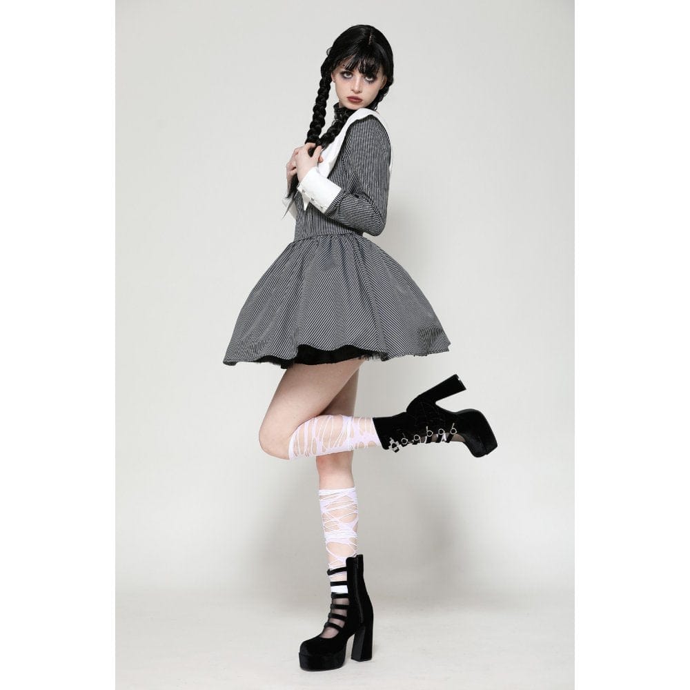 Darkinlove Women's Gothic Lolita Bat Striped Short Dress Gray White