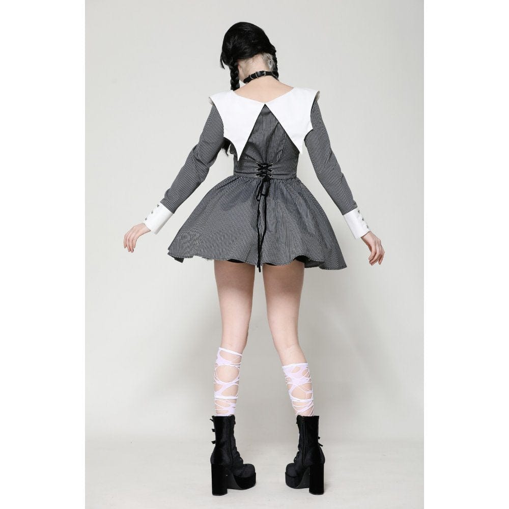 Darkinlove Women's Gothic Lolita Bat Striped Short Dress Gray White