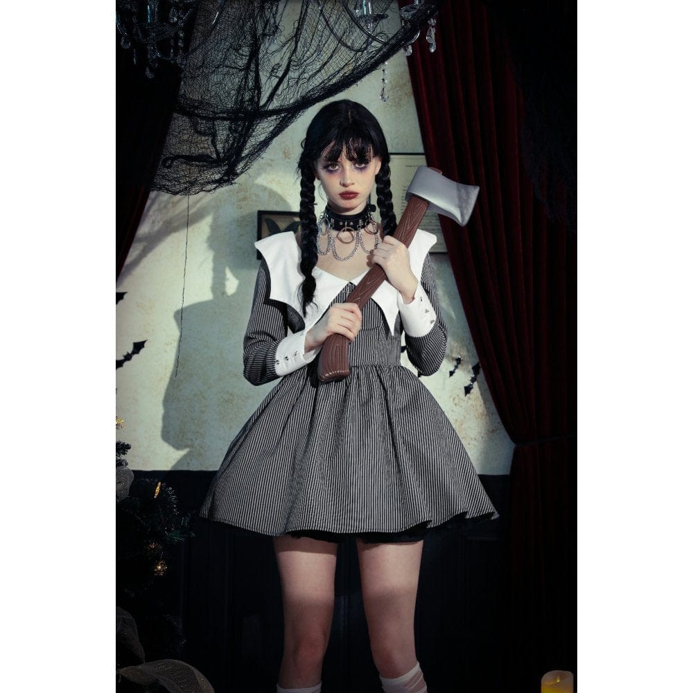 Darkinlove Women's Gothic Lolita Bat Striped Short Dress Gray White