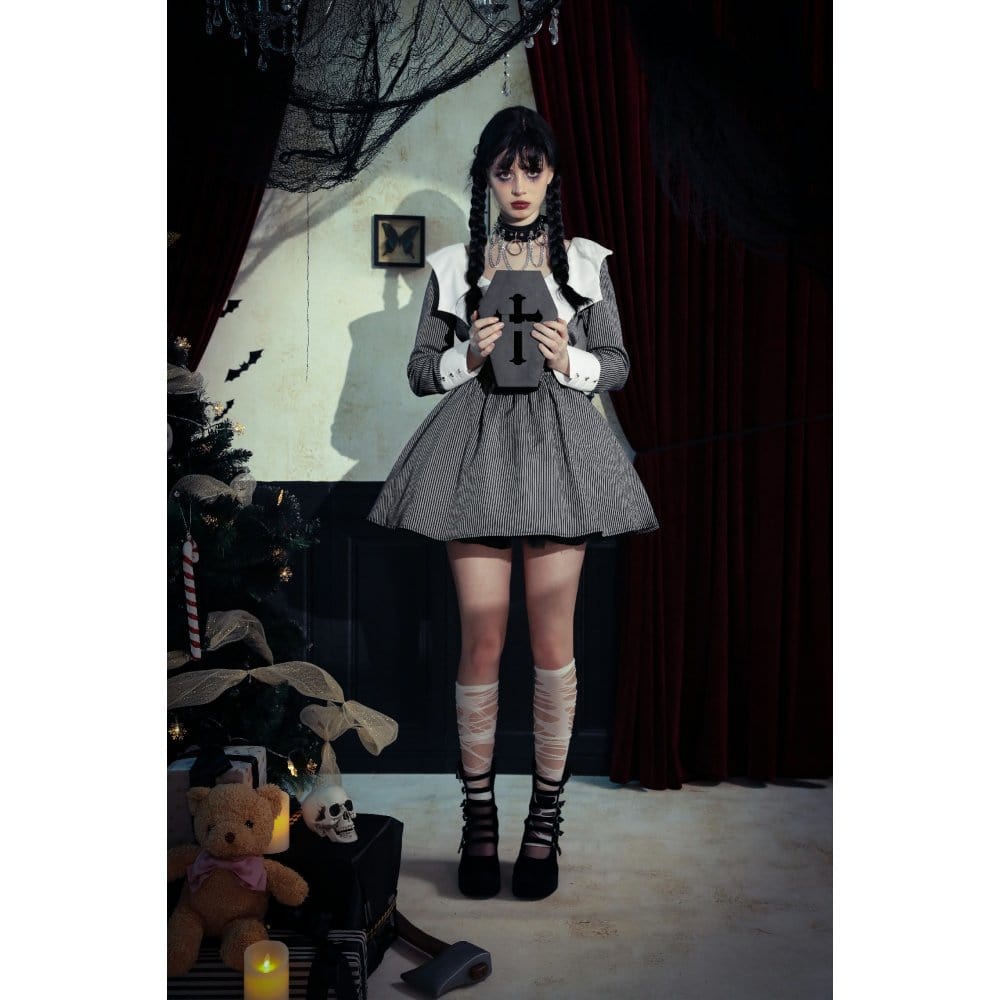 Darkinlove Women's Gothic Lolita Bat Striped Short Dress Gray White