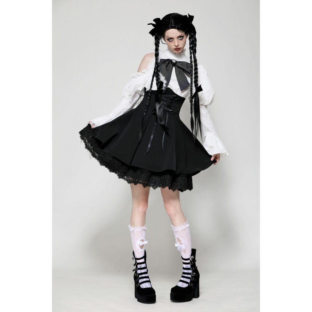 Darkinlove Women's Gothic Lolita Bowknot Short Dress Black White