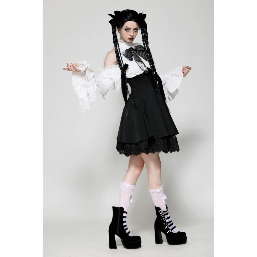 Darkinlove Women's Gothic Lolita Bowknot Short Dress Black White