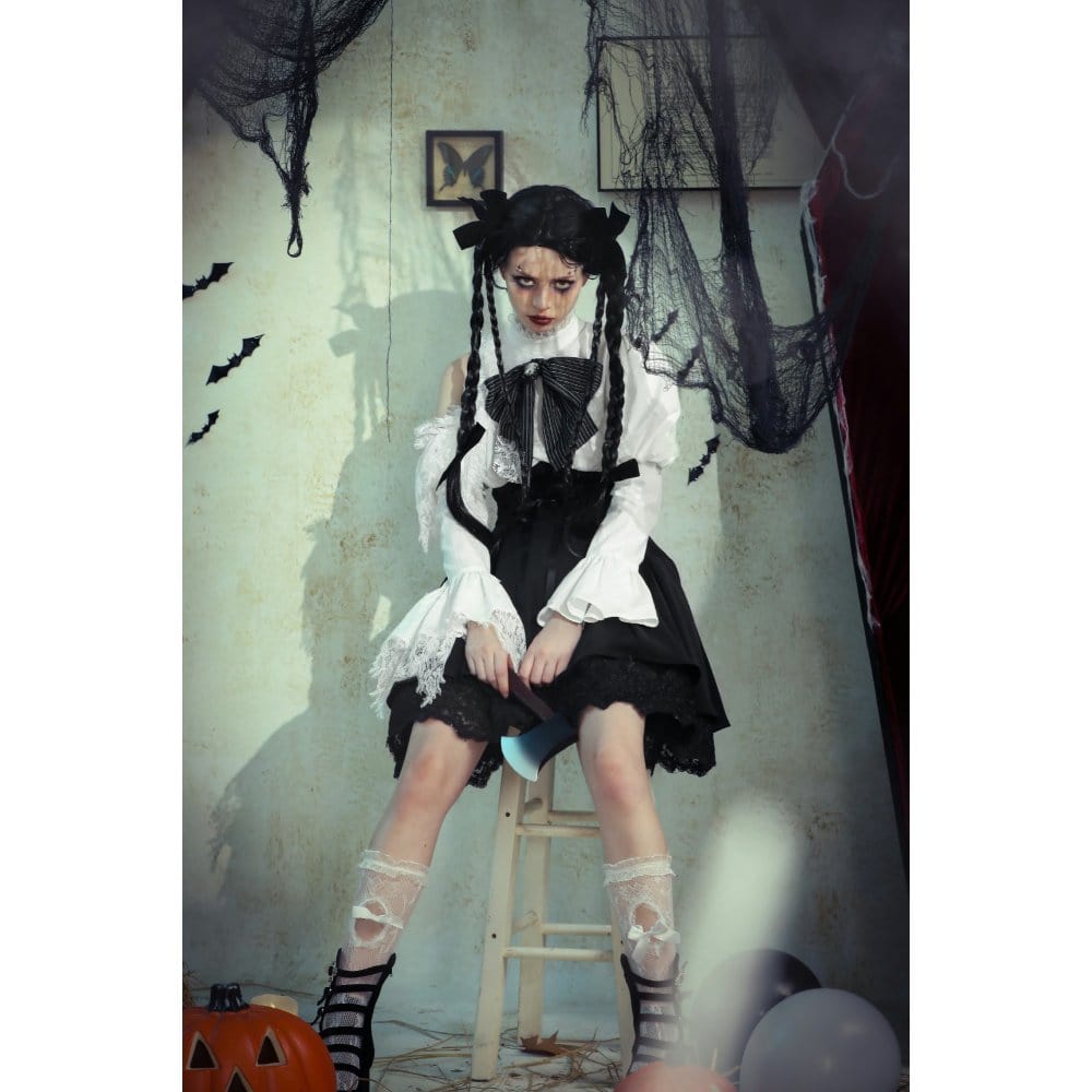 Darkinlove Women's Gothic Lolita Bowknot Short Dress Black White