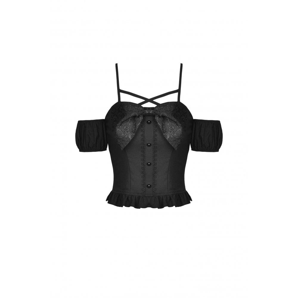 Darkinlove Women's Gothic Lolita Off Shoulder Bowknot Short Sleeved Crop Top
