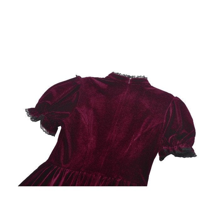 Darkinlove Women's Gothic Lolita Puff Sleeved Lace Velvet Dress