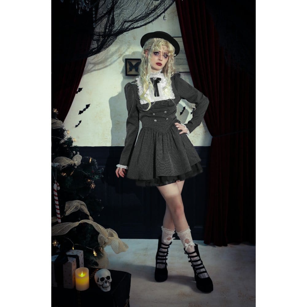 Darkinlove Women's Gothic Lolita Ruffled Lace Short Dress Black White