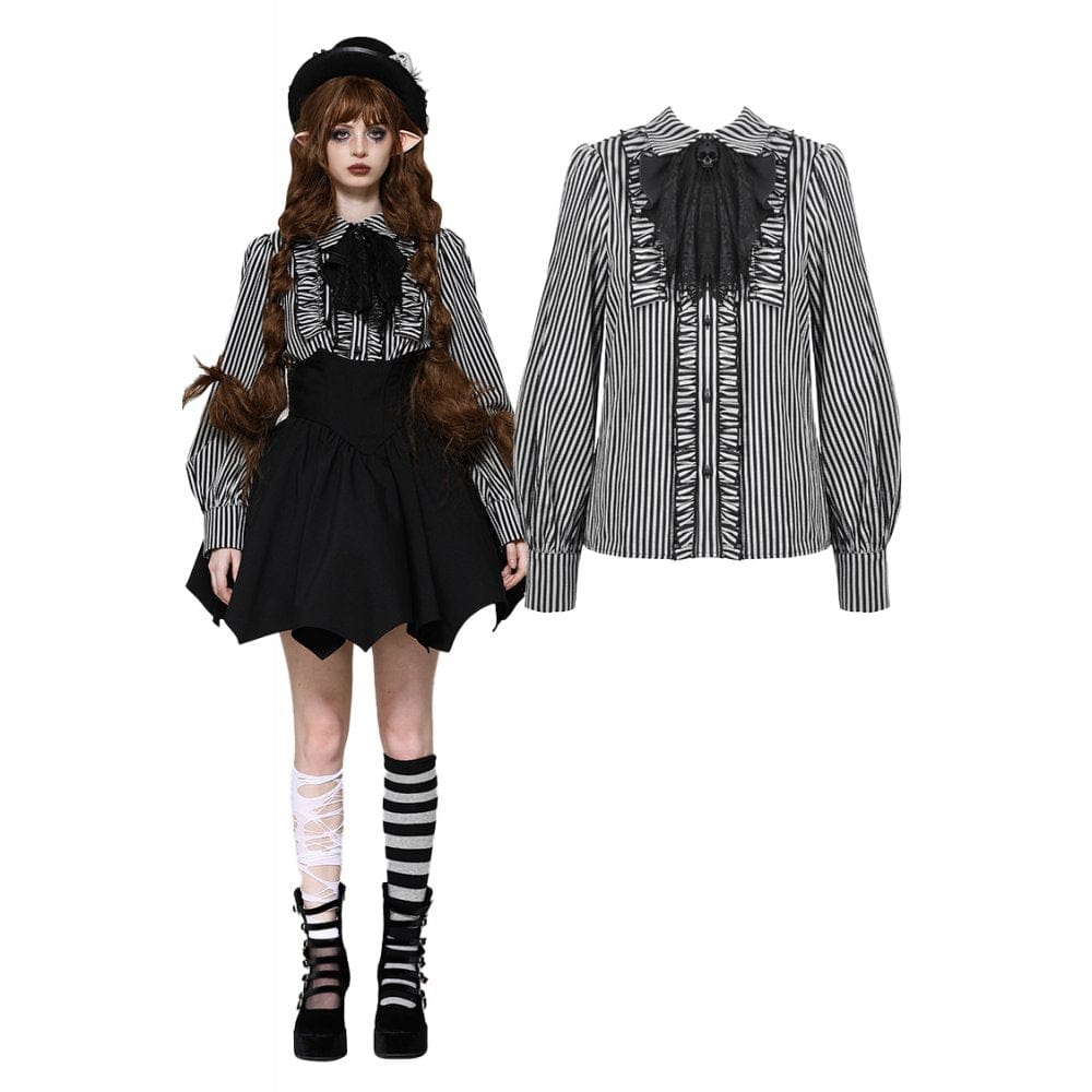 Darkinlove Women's Gothic Lolita Striped Long Sleeved Shirt Gray