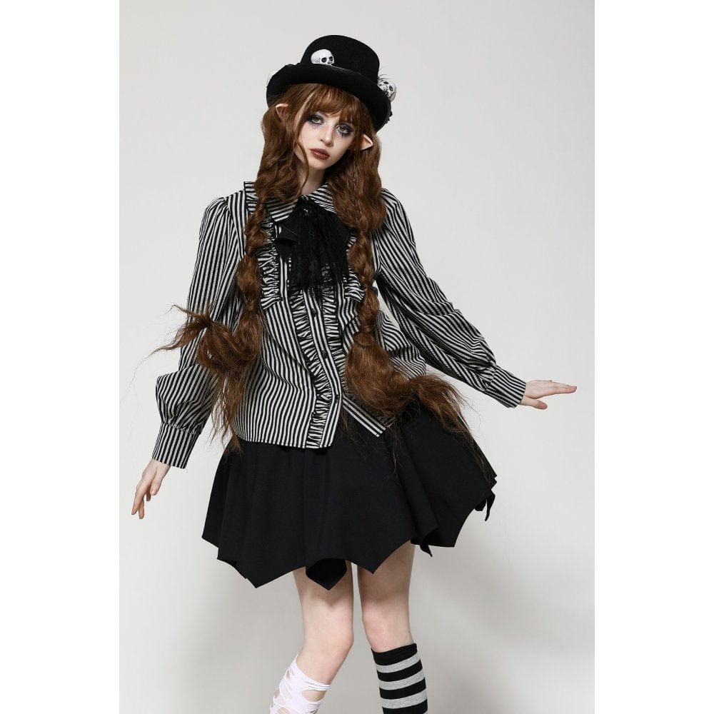 Darkinlove Women's Gothic Lolita Striped Long Sleeved Shirt Gray