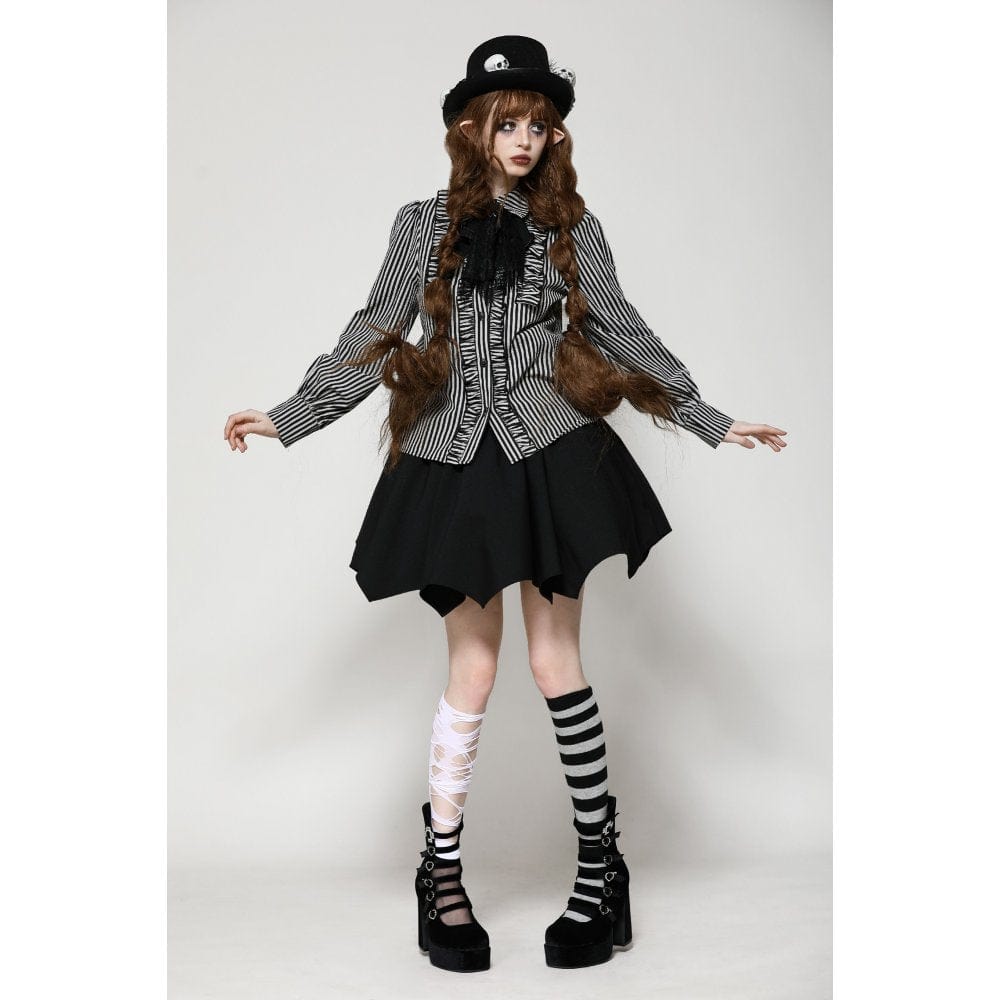 Darkinlove Women's Gothic Lolita Striped Long Sleeved Shirt Gray