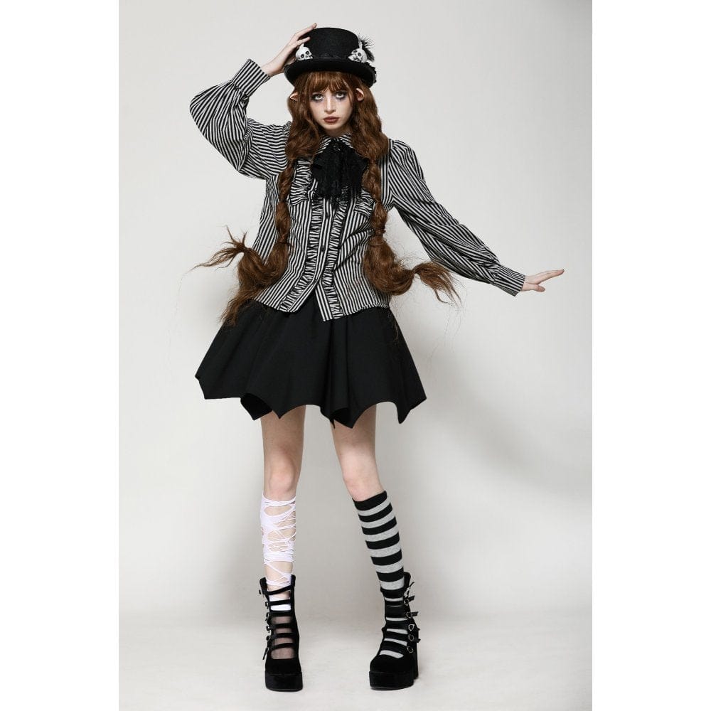 Darkinlove Women's Gothic Lolita Striped Long Sleeved Shirt Gray