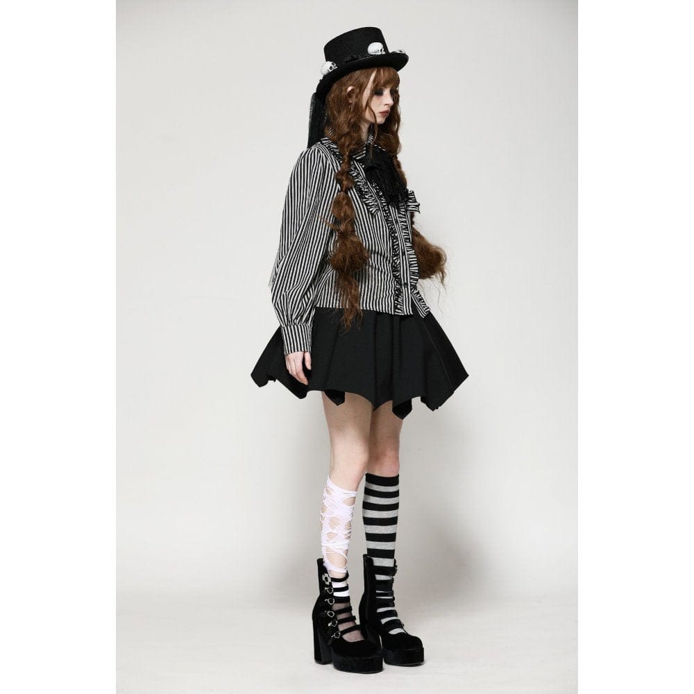 Darkinlove Women's Gothic Lolita Striped Long Sleeved Shirt Gray