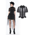 Darkinlove Women's Gothic Mesh Sheer Ruffled Short Sleeved Shirt